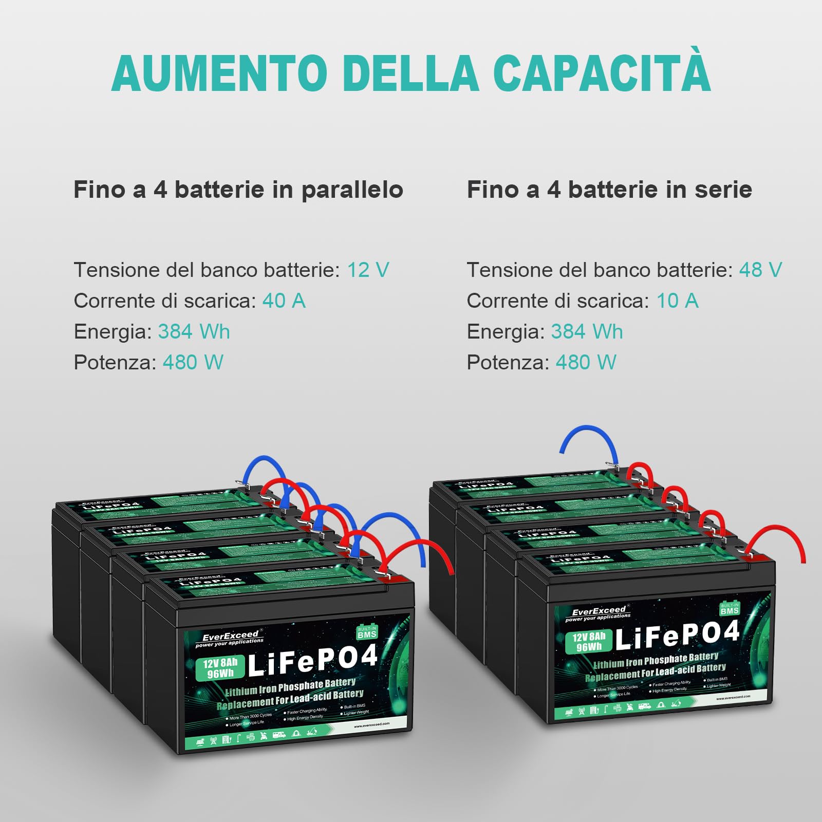 Batteria Lifepo4 da 12V 8 Ah con Oltre 3000 Cicli di Scarica Profonda Batteria Litio da 12 V per Energia Solare/Eolica, illuminazione, Pesce Rilevatore e Altro, con BMS da 10 A integrato