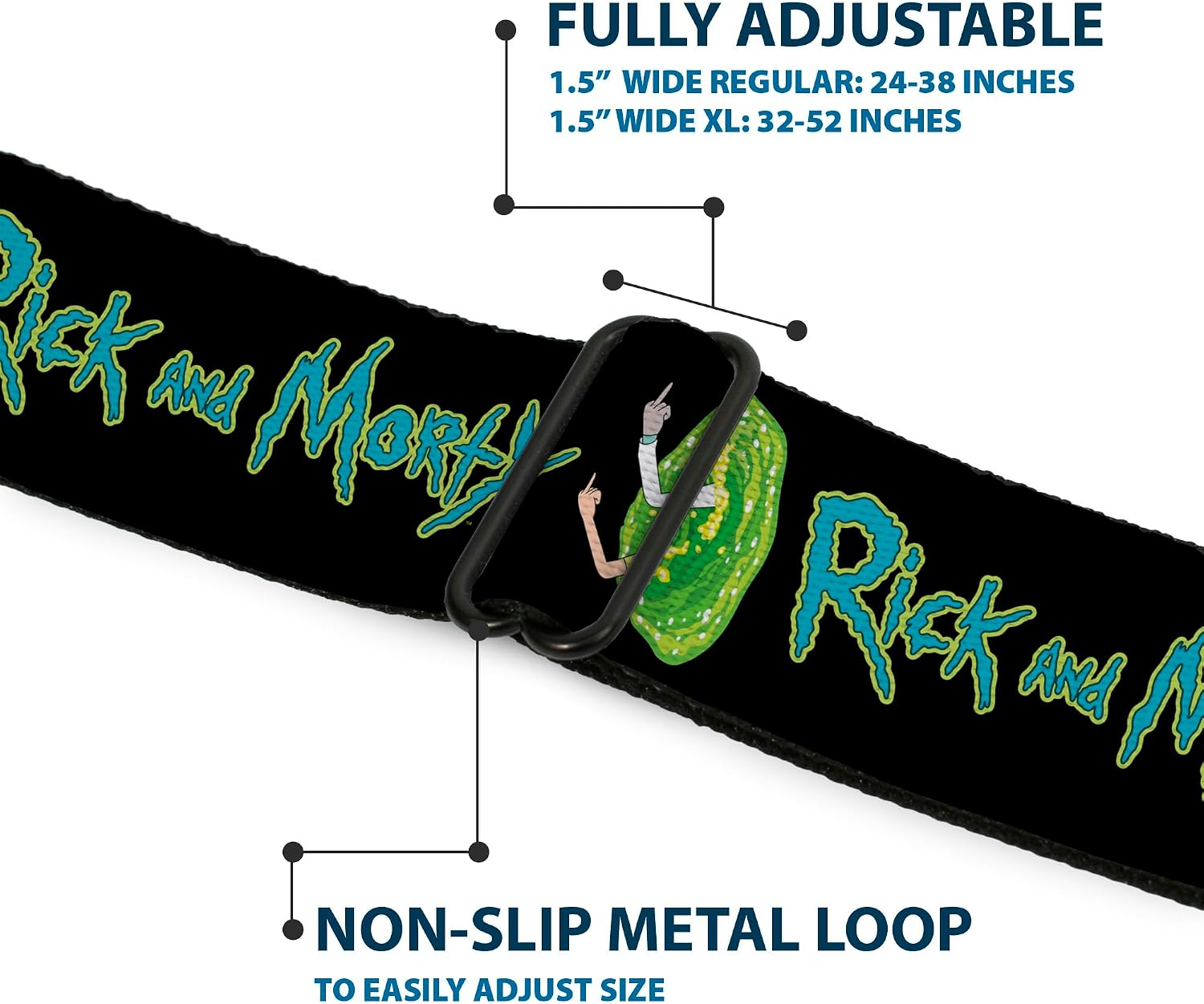 Rick and Morty Belt, Seatbelt Buckle Belt, Rick and Morty Title Logo and Middle Finger Portal Jump Black, Adjustable