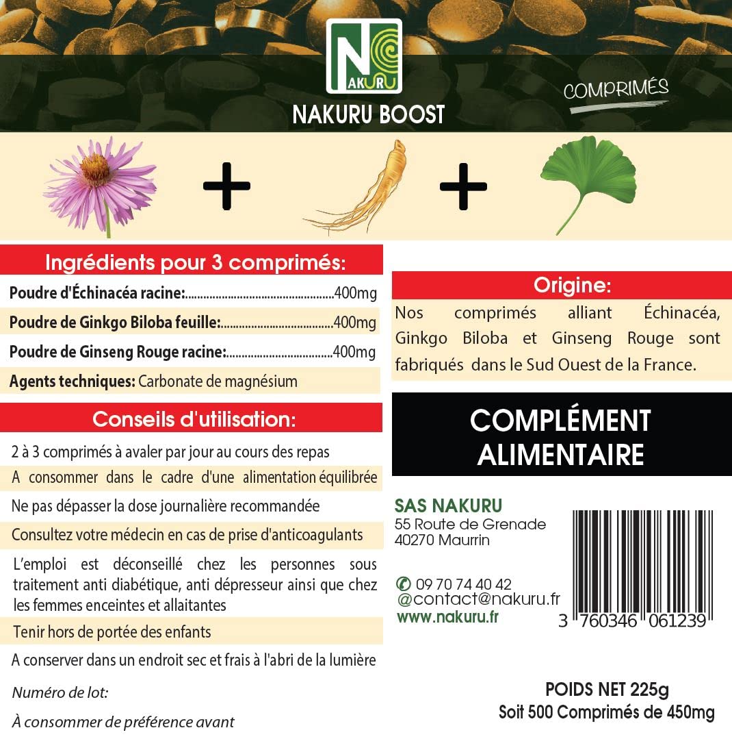 NAKURU | Énergie = Échinacéa + Ginseng Rouge + Ginkgo Biloba/Gamme Boost/Fabriqué en France (500 Comprimés de 450mg / Poids Net: 225g)
