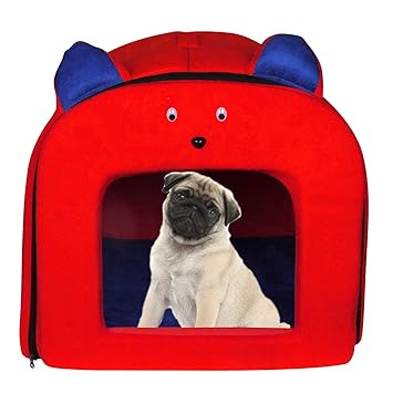 Dog Wala Velvet Fabric Round Hut for Puppies and Small Dogs Red