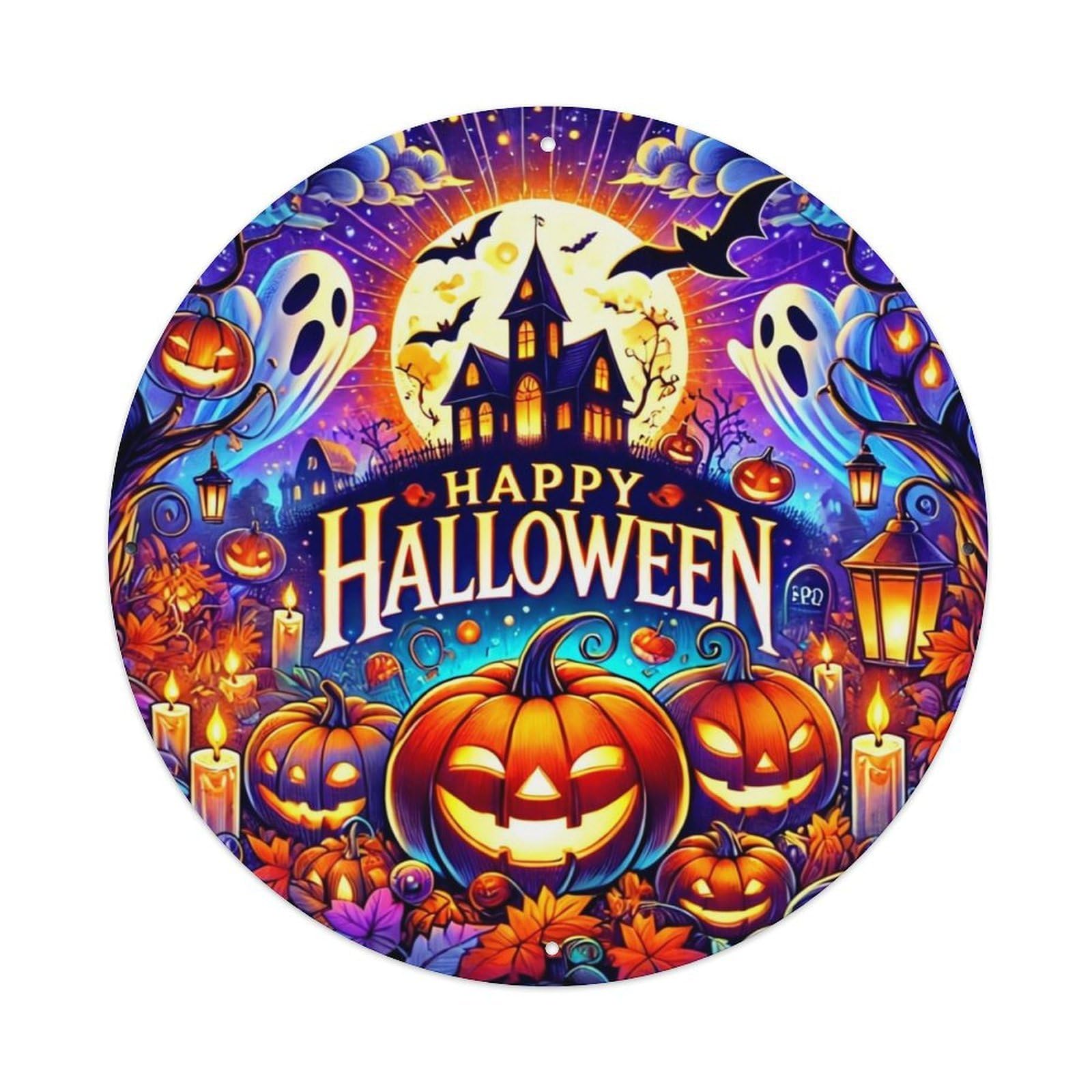 Happy Halloween Pumpkin Ghost Scene Tin Sign Metal Poster Vintage Metal Signs for Home Man Cave Bar Cafe Kitchen laundry room Wall Decorations 8x8 inches