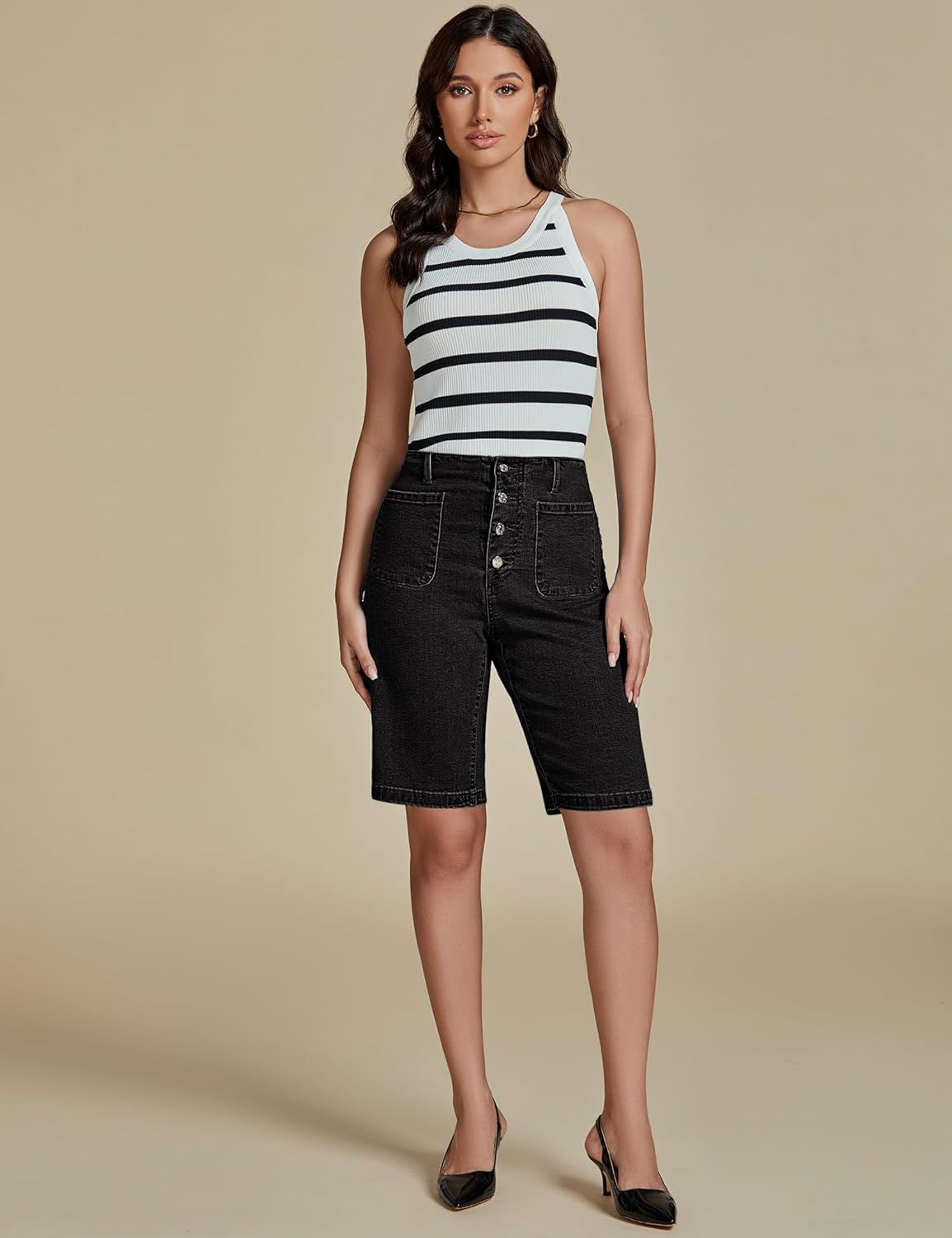 luvamia Bermuda Shorts for Women Jean High Waisted Trendy Patch Pockets Casual Summer Button Fly Stretchy Denim Shorts - Image 8