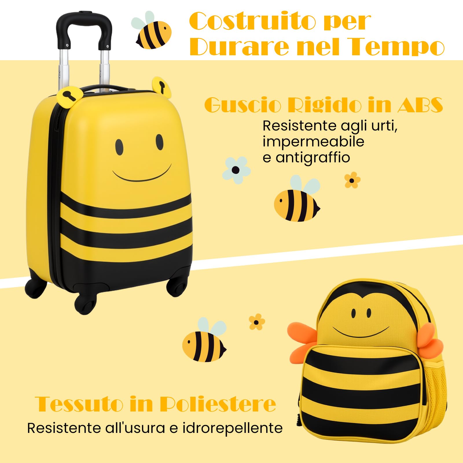 COSTWAY Set di Valigia per Bambini, 16" Valigia+ 12" Zaino, 2 Pezzi, con Ruote Girevoli a 360° e Maniglia Retrattile, Ideale per Viaggiare in Modo Comodo e Divertente (Modello 24)