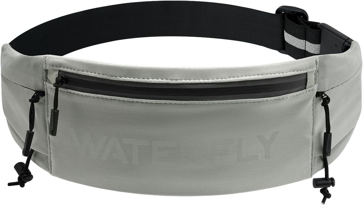 WATERFLY Running Belt Fanny Pack: Breathable 3 Pocket Waist Bag for Men Women Workout Exercise Fitness Phone Holder Fits All Phones - Runner Marathon Jogging Race Belt with Bib Clip Gray