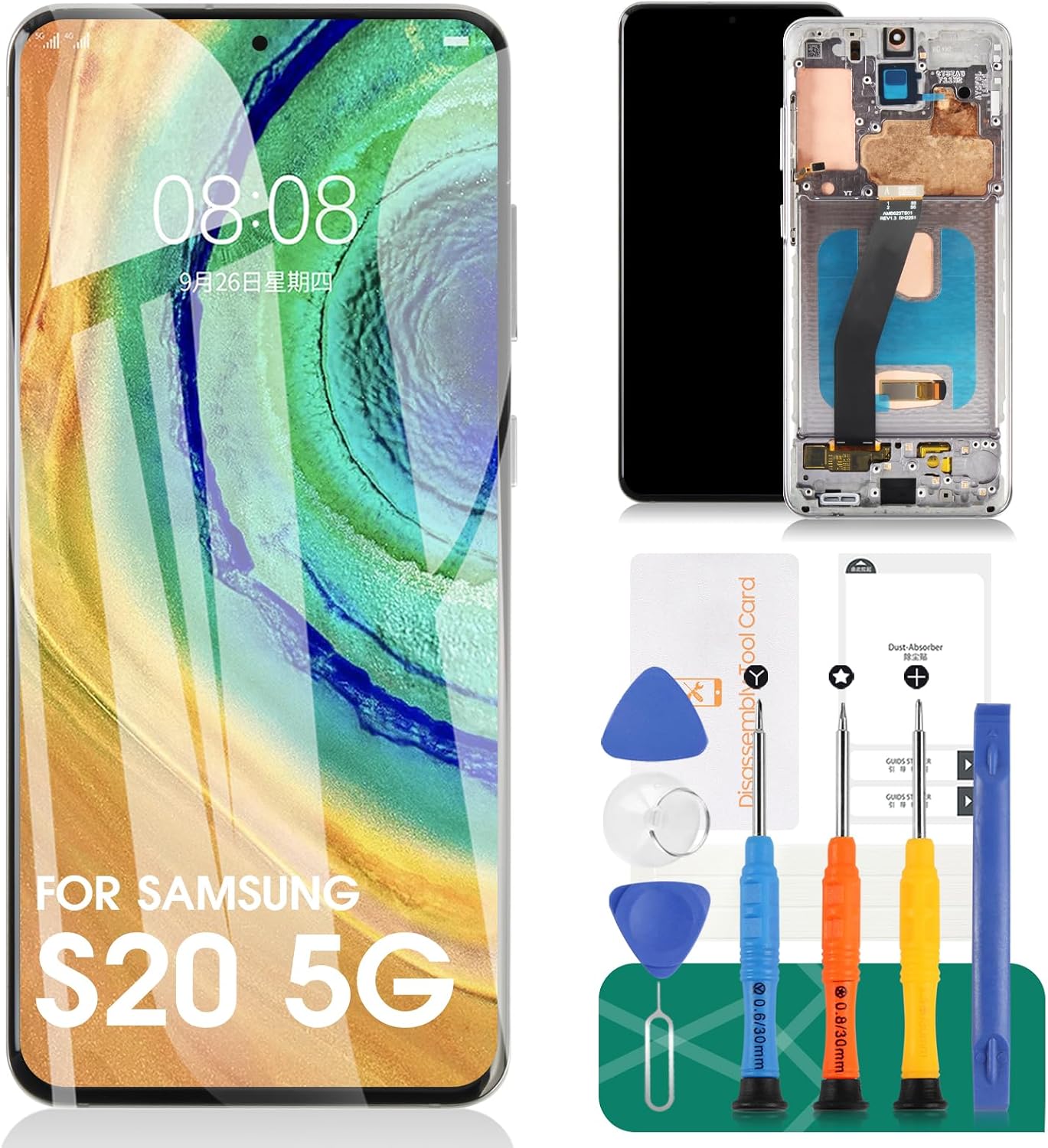 [Long Slot] OLED for Samsung S20 5g Screen Replacement for Galaxy S20 5g LCD Digitizer Repair Kits G981F G981U G981B Touch Screen Display Assembly Replacement Silver with Frame (with Fingerprint)