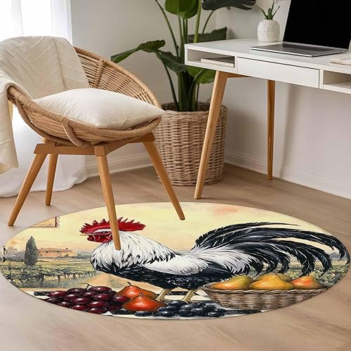 Miniatura 5 de 3ft Round Rug, Rooster Non-Skid Rubber Backing Large Area Rugs - Living Room Bedroom Home Office, Retro Pastoral Animals Watercolor Indoor Floor