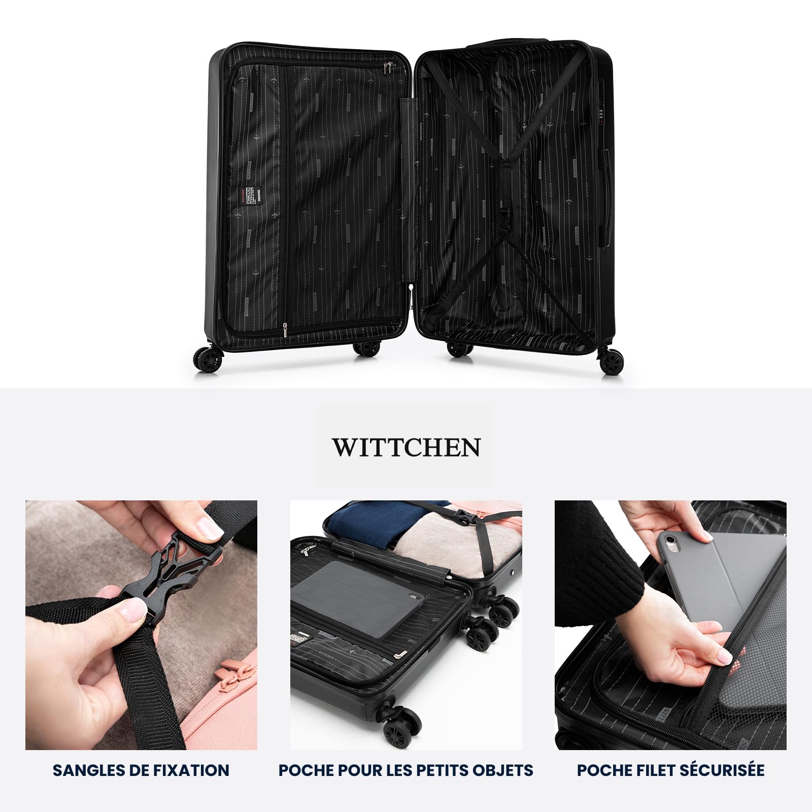 WITTCHEN Skyspeed Line Bagages Grande Valise Valise Rigide ABS Grande Valise à roulettes Trolley Check-in Bagages Serrure combinée Poignée télescopique 4 roulettes Noir Air France/Easyjet/Ryanair