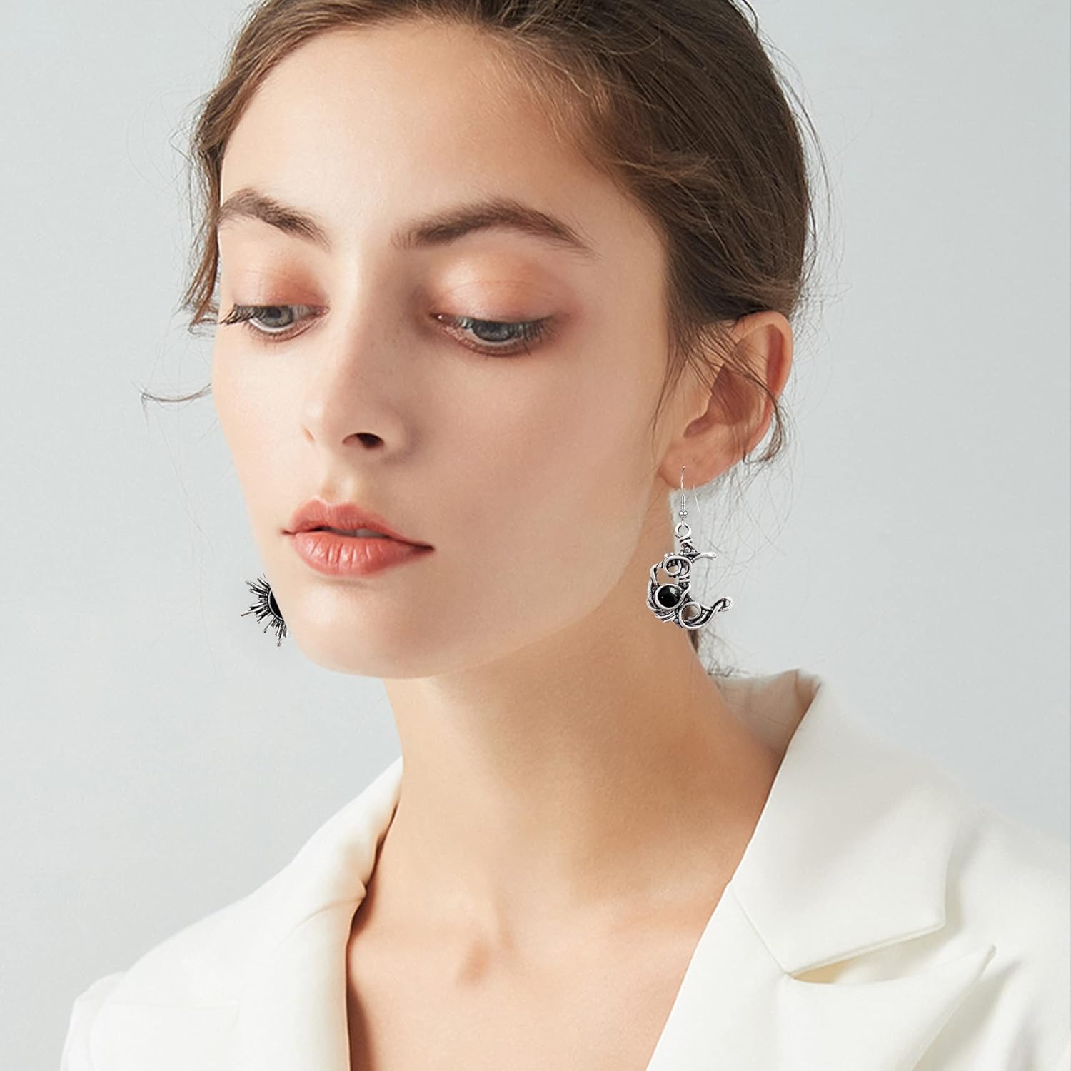 Vintage Boho Opal Sun and Moon Drop Dangle Earrings Moonstone Natural Stone Hook Bohemian for Women Asymmetrical Antiqued Silver Celestial Jewelry - Image 2