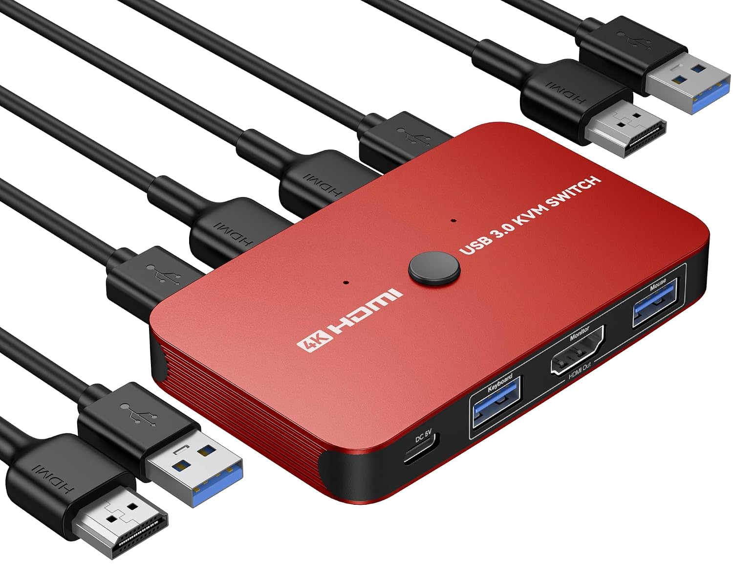 KVM Switch HDMI 2 Ports, Aluminum 4K@60Hz KVM Switcher for 2 Computers Sharing One Monitor, Keyboard, Mouse & Printer, Includes 2 HDMI Cables, 2 USB Cables & USB-C Charging