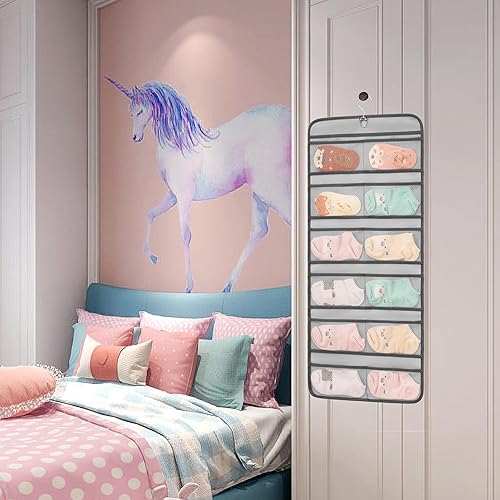 Miniatura 7 de Organizador de zapatos de bebé colgantes de doble cara para armario, soporte de almacenamiento de zapatos para niños con lazo y ropa interior (gris)