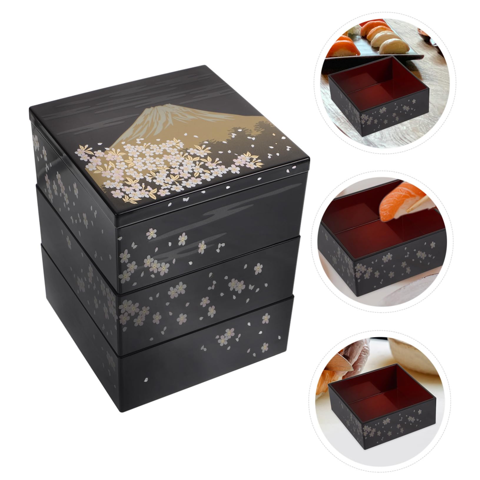 Boîte à Bento Japonaise à 3 Niveaux, Motif Mont Fuji, Plastique Noir, Réutilisable pour Snacks et Desserts, pour Diverses Occasions