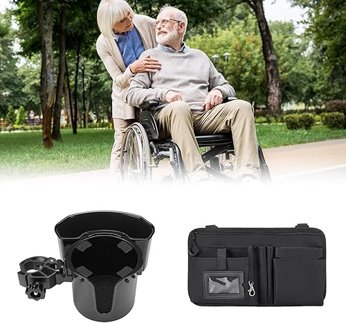 ISSYAUTO Bolsa lateral para silla de ruedas + portavasos para silla de ruedas