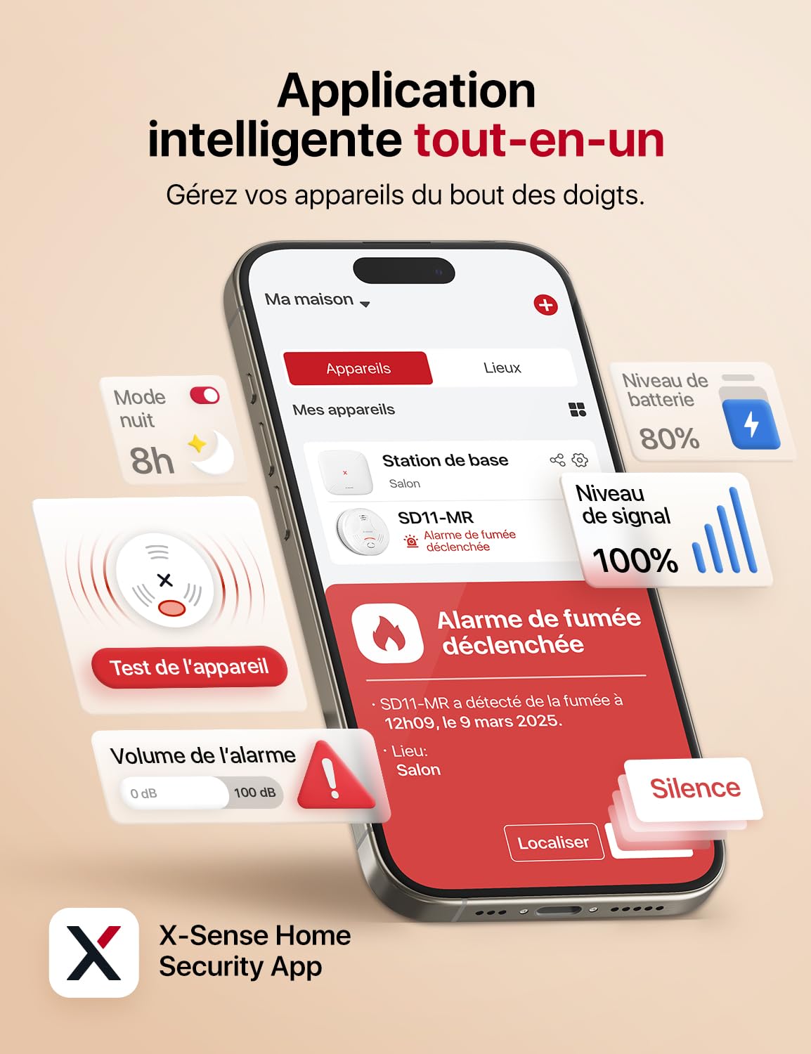 X-Sense Détecteur de Fumée Connecté, Compatible Home Assistant, Alarme Incendie avec Fixation Magnétique sans Perçage, Mode Nuit Silencieux, Batterie Remplaçable, Fonction App Alertes, SD11-MR31