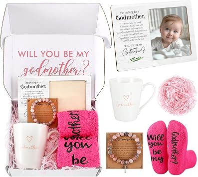 Potchen 6 Pcs Godmother Proposal Gift Will You Be My Godmother from Godchild God Mother Gift Basket Set Include Picture Frame Coffee Mug Bracelet Card Socks for Godmom Christmas Birthday Gifts