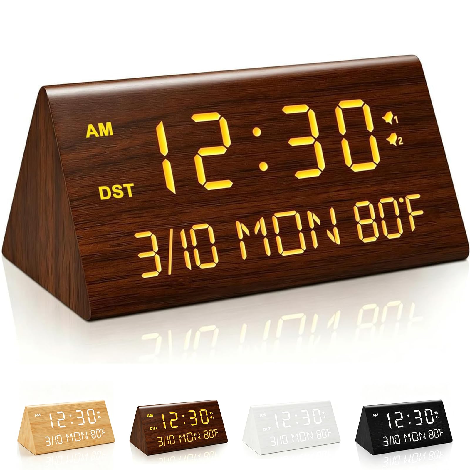 Kogonee Wooden Digital Alarm Clock, 0-100% Dimmer, 2 Alarm Settings, Weekday/Everyday Mode, 9 Mins Snooze, 12/24H, Temperature and Date Display for Office, Travel, Bedroom Alarm Clock (Brown)-image-12