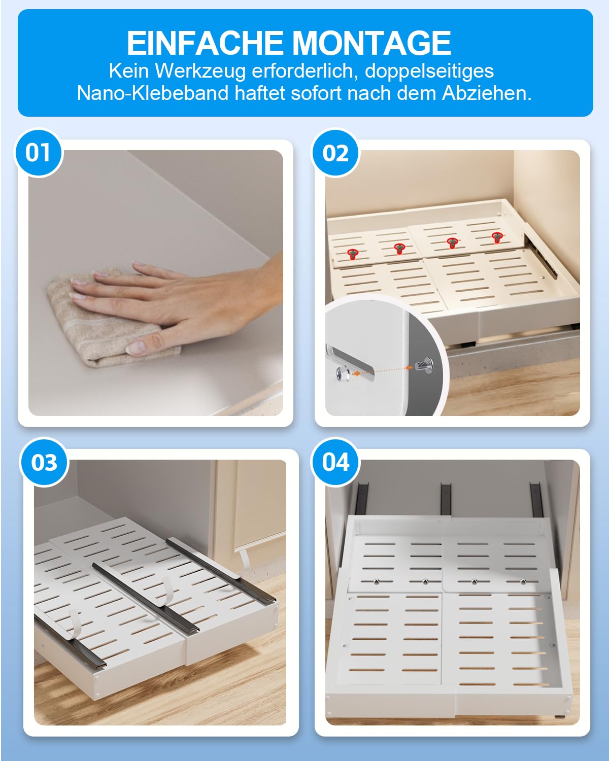 2 Stück Ausziehbare Schublade Küche,Metall 4 Richtungen Verstellbare Teleskopschublade,Breite 30-49 cm&Tiefe 42-55 cm,Schraub-/Klebemontage,Küchenschrank Organizer Ausziehbare,Weiß