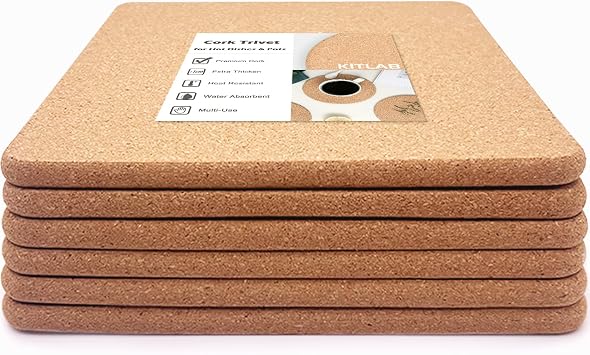 Cork Trivets for Hot Dishes, Hot Pots and Pans, 8 Inch 6 Pcs | High Density Thick Cork Trivet, Fine Particle Cork, Heat Resistant, Large Coaster for Kitchen, Hot Pads for Countertop