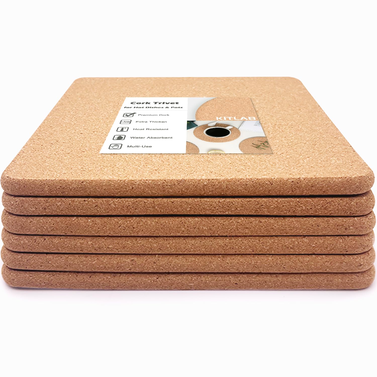 KITLAB Cork Trivets 6 Pcs 8 Inch Square High Density 1cm Thick