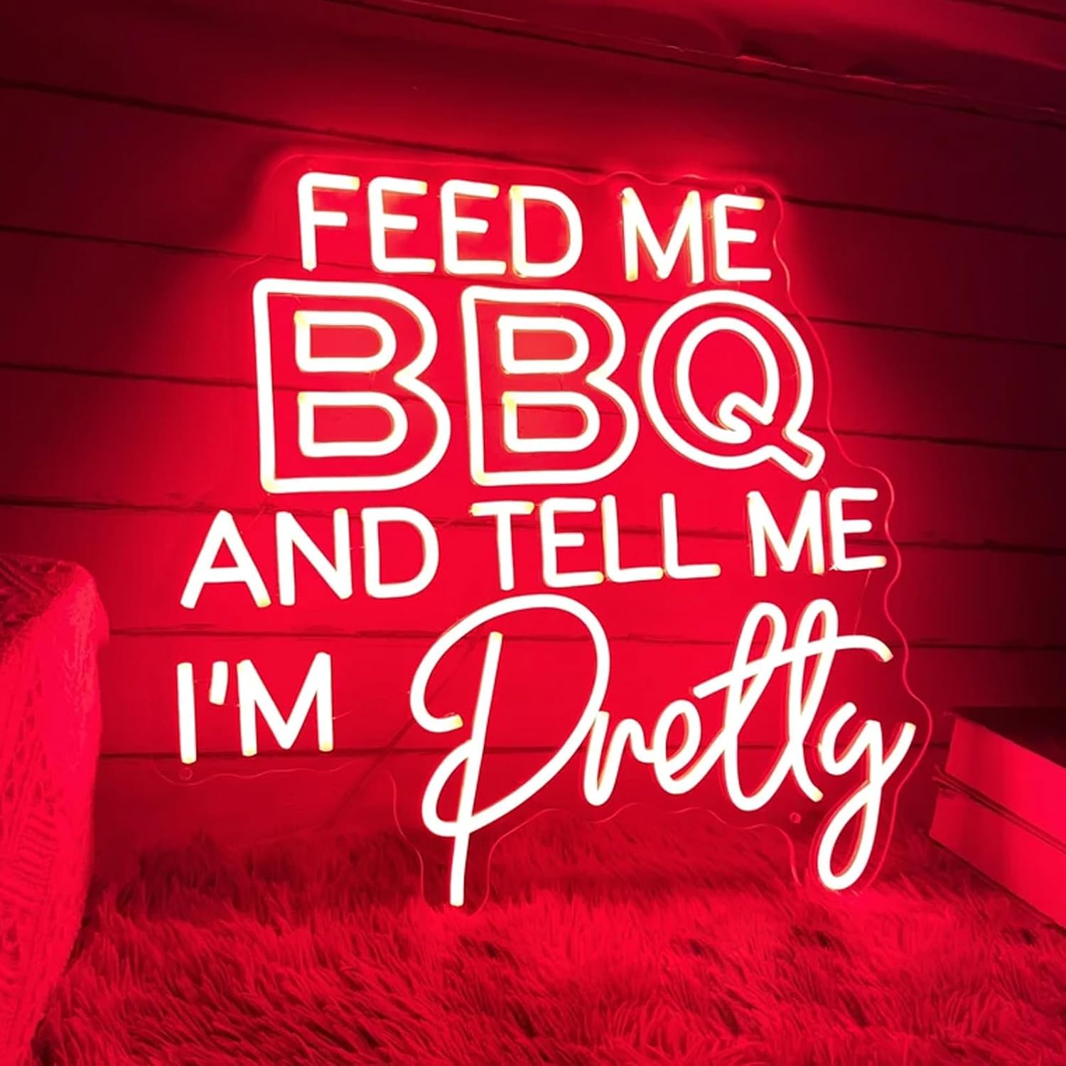 Feed Me BBQ And Tell Me I'm Pretty Neon Sign LED Neon Lights Barbecue Bar Signs Wall Decor for Bar Pub Kitchen Restautant Hotel BBQ Party Size: 23inch