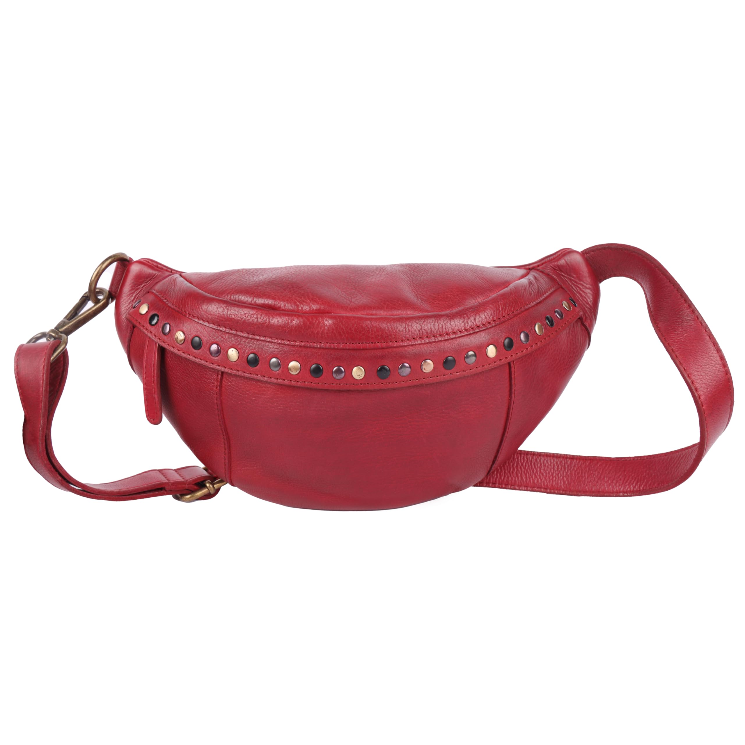 Vilenca Holland Genuine Italian Leather Boho Studded Waist Bag – Stylish & Durable Unisex Travel Fanny Pack for Essentials (Red)