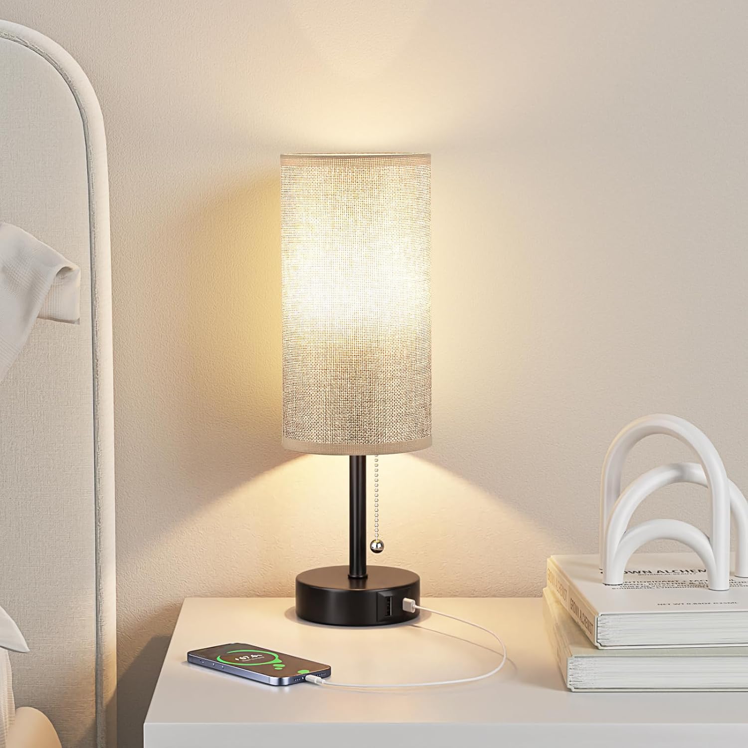 Fenmzee Black Grey Bedside Lamp for Bedroom Set of 2 - Small Table Lamp with USB A + C Charging Port, Night Stand Light with Bulb, Side Table Desk Reading Lamp for Living Room