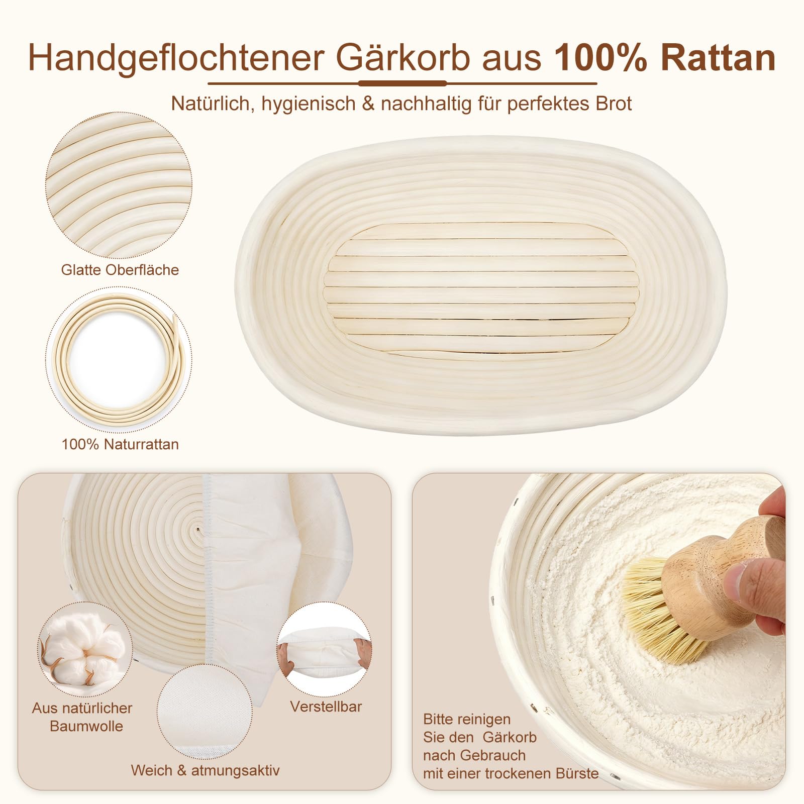Zestaw startowy na zakwas, 2 koszyki do garowania z czystego naturalnego rattanu (23 cm okrągłe i owalne 25 cm), przeznaczone do kontaktu z żywnością, akcesoria do pieczenia chleba, ze szkłem