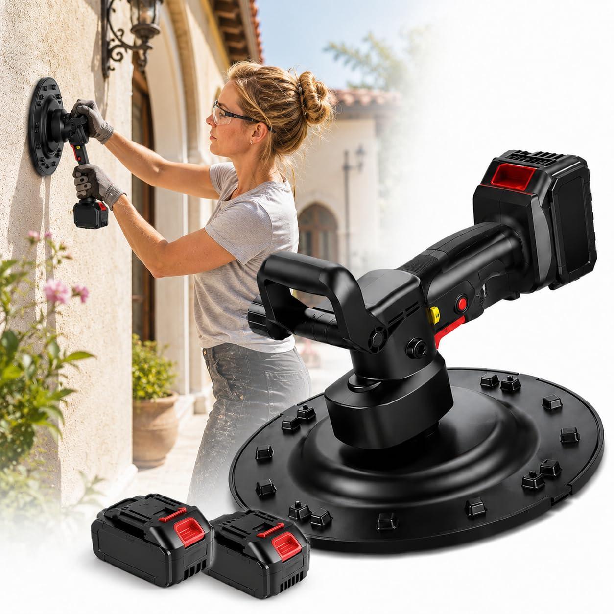 forplubossmmp Cordless Electric Trowel Wall Smoothing Polishing Machine, 1680w Handheld Concrete Cement Mortar Plastering Tool, 6-Gears Wall Sander Grinder For Stucco, Drywall, Putty Wall dualbattery
