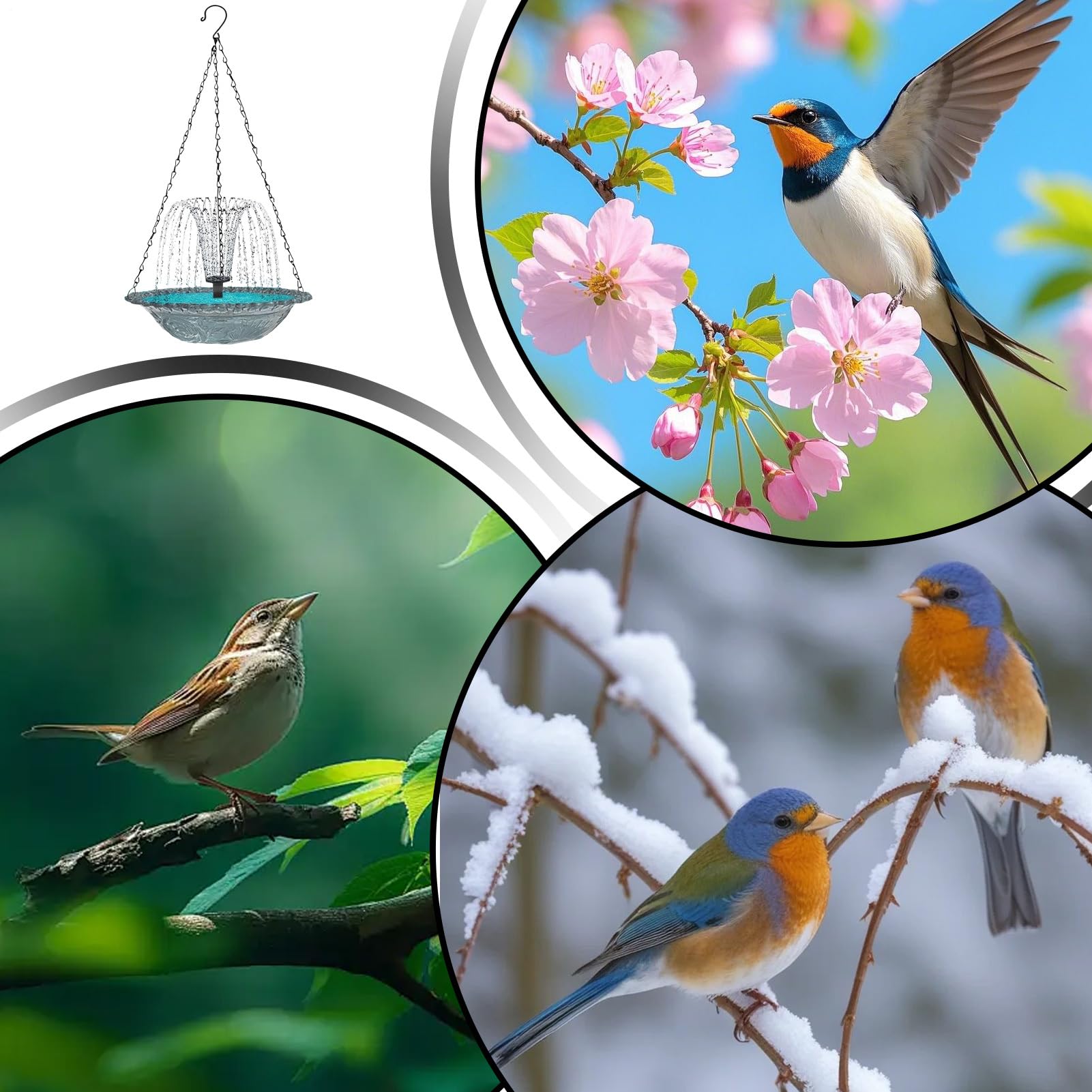 Solar Bird Bath - Hangable Hummingbird Shower Bowl with Solar Fountain Pump for Continuous Water Flow, Eco-Friendly Outdoor Water Feature for Garden Patio Backyard, Resin Material, 9.25x9.25x18inches