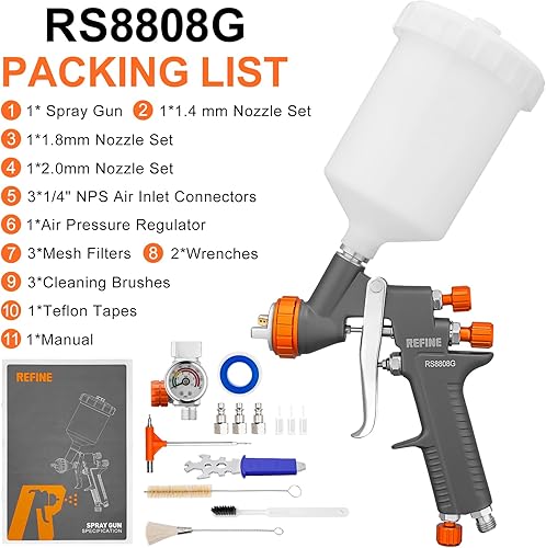 Miniatura 9 de Pistola de pulverización de aire REFINE, pistola de pintura automotriz con boquilla de 1.4/1.8/2.0mm, pistola de pulverización automotriz