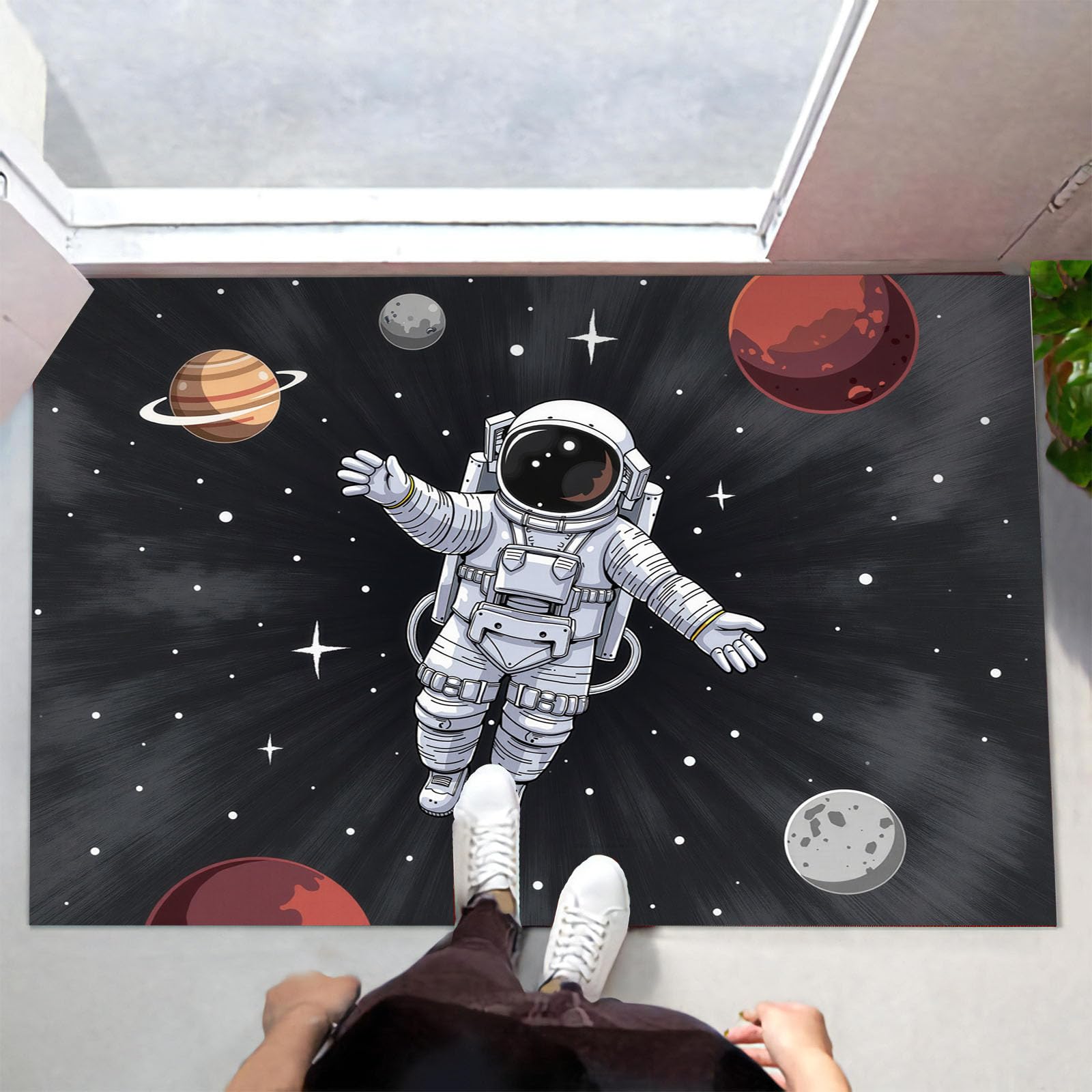 Fußmatte mit Astronauten für den Innenbereich, Cartoon-Science-Fiction-Stil Waschbare rutschfeste Teppichmatte für Eingangsbereich, Fußabtreter Innen für Terrasse Flur, 80x120cm