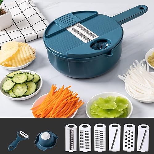 Miniatura 8 de Fdit Picadora manual de verduras 12 en 1, procesador de alimentos multifuncional con 6 cuchillas de acero inoxidable, cesta de drenaje para cortar