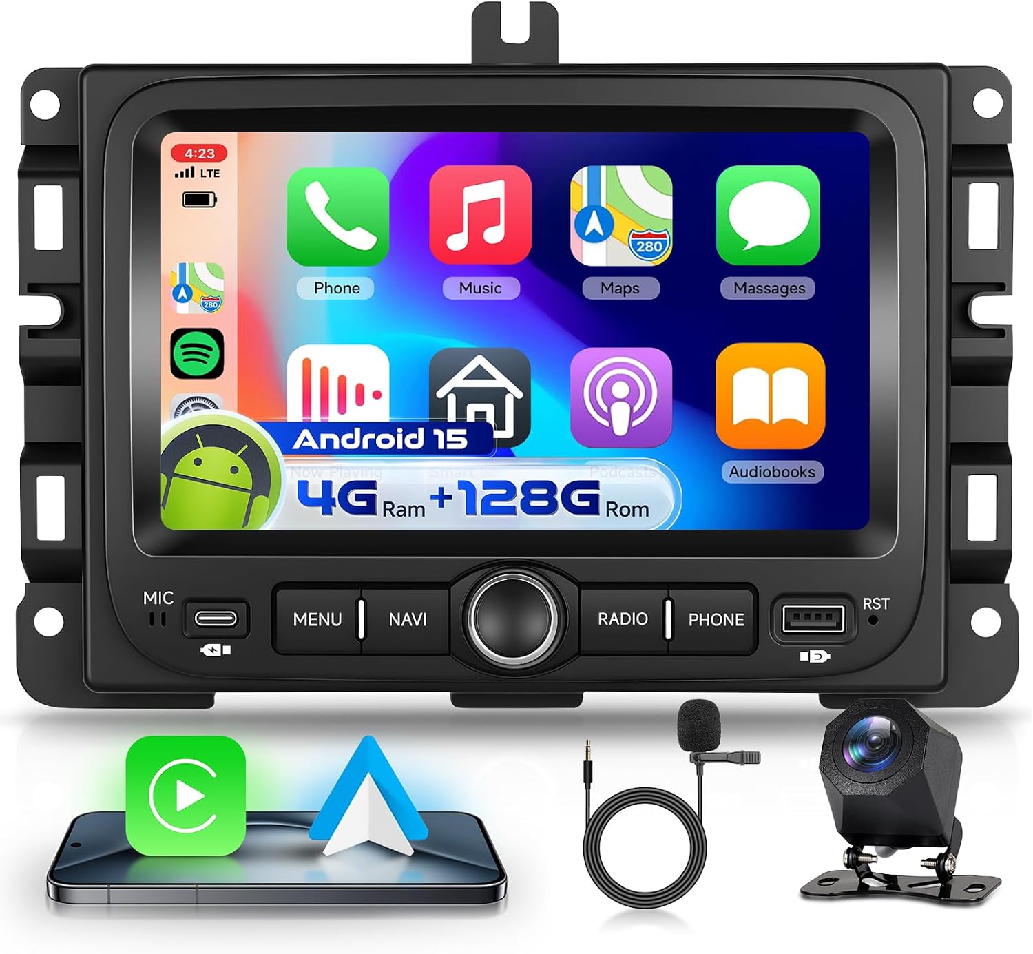 4G 128G VECHTEL 7 Inch Car Radio for Jeep Renegade 2016-2021/Jeep Compass 2017-2020 Carplay Android Car EQ WiFi GPS Bluetooth RDS/FM Radio with AHD Rear View Camera