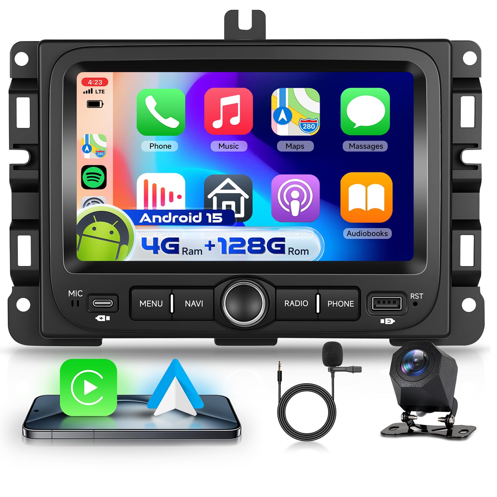 4G&128G VECHTEL 7" Radio samochodowe do Jeep Renegade (2016-2021) / Jeep Compass (2017-2020) z CarPlay Android Auto, Android 15, ekran dotykowy, Bluetooth RDS / radio FM, nawigacja WiFi / kamera