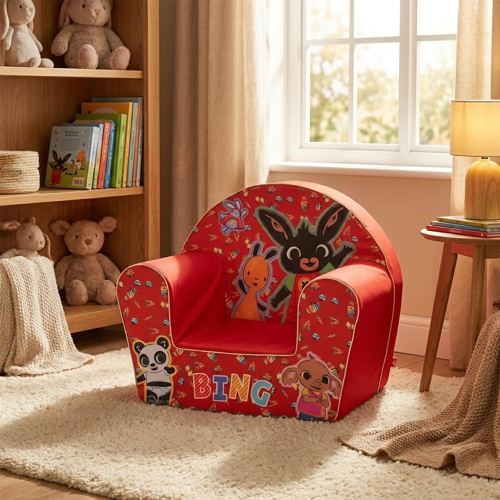 Poltroncina Bing Rossa per Bambini - Comoda e Sicura, Design Divertente con Bing e Flop - Perfetta per Camerette e Angoli Gioco