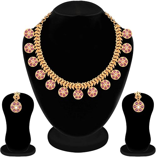 Vista 2 de Aheli Beautiful Indian Traditional Temple Jewelry Gift for Women Paisley Design Crafted Beaded Necklace Earrings Set