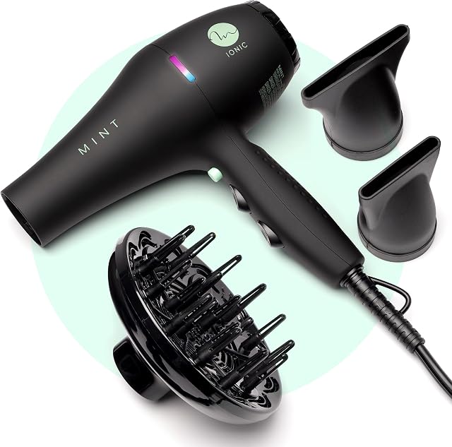 Professional Series BLACKBIRD Ionic Hair Blow Dryer with Diffuser by MINT | Extremely Quiet and Lightweight with 1875 Watts of Salon-Grade Drying Power.