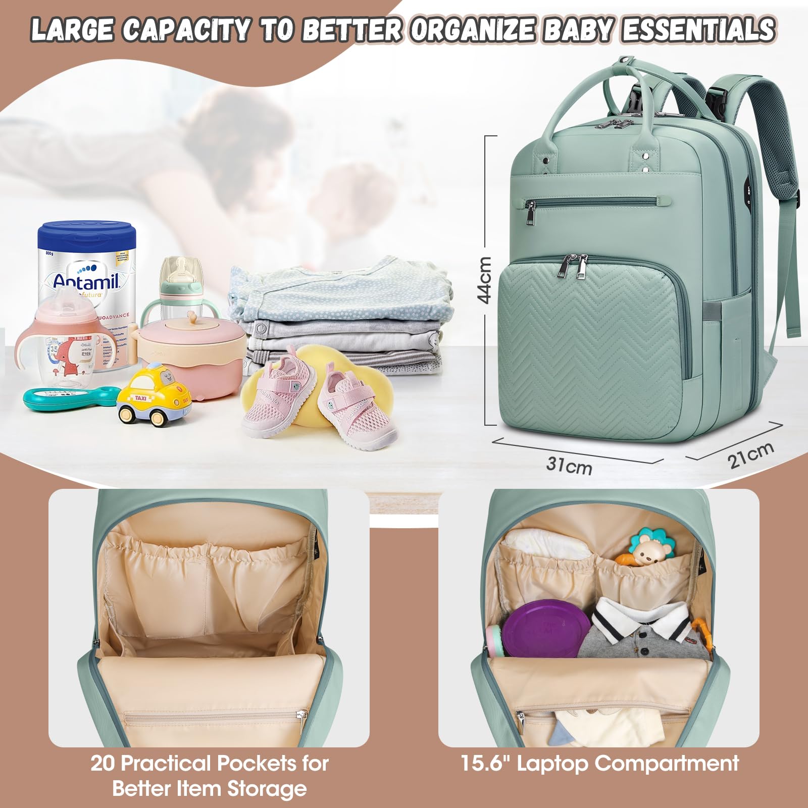 RAINSMORE Zaino Mamma Multifunzione Zaino Fasciatoio Grande Capacità Borsa Neonato con Fasciatoio Portatile Zaino Passeggino per Mamma e Papà Verde