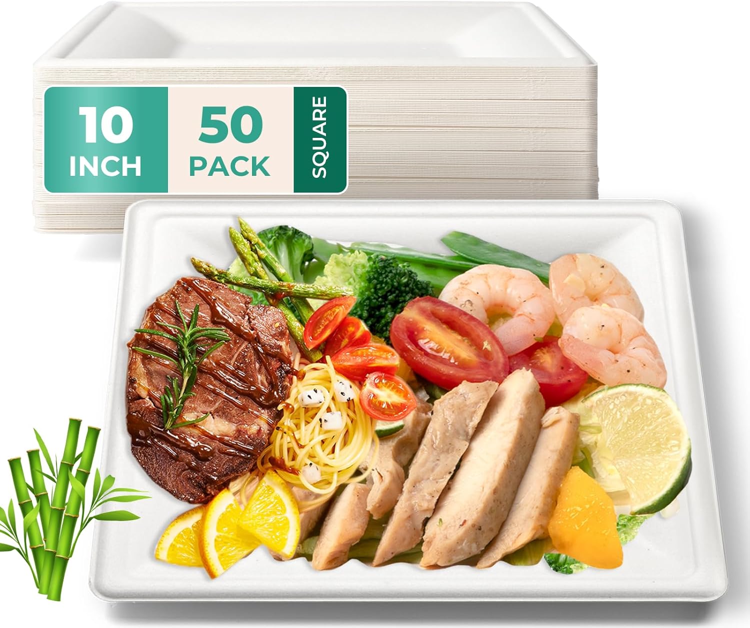 Fit Meal Prep 50 Pack Compostable Paper Plates, 10″ Biodegradable Square Plates, Heavy-Duty Disposable Dessert Plates, Eco-Friendly Sugarcane Plate for Party, Appetizer, Dinner, White