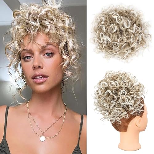 Lommel Moño desordenado para mujer, 2.47 onzas, cordón elástico, suelto, ondulado, rizado, cabello sintético, extensiones de cabello para mujer, uso