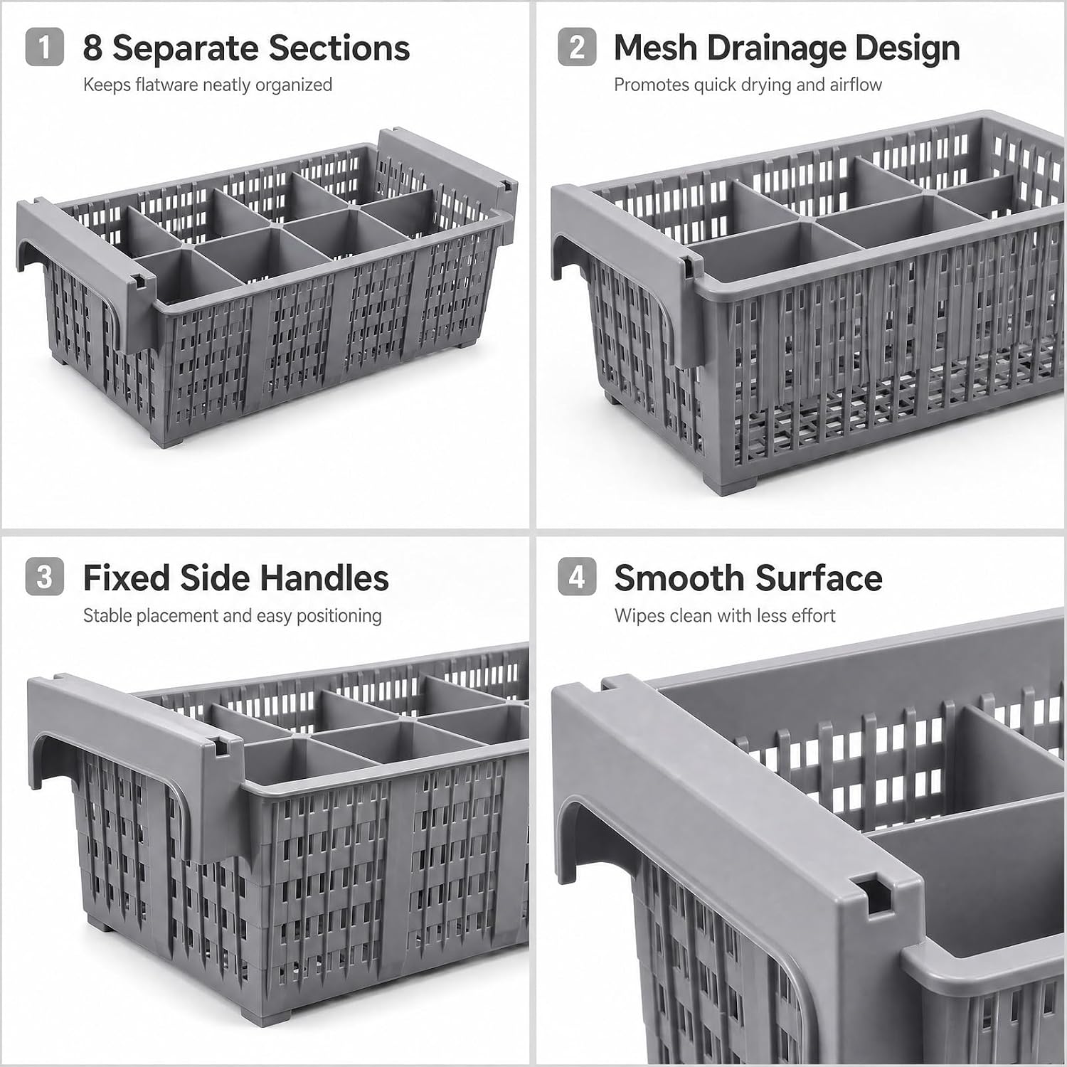 8 Compartment Plastic Silverware Drying Basket, Commercial Dish Rack​ With Drain Holes & Fixed Handle, Utensil Holder​ For Restaurant And Kitchen Use (16.5" L x 8.3" W x 5.7" H, Grey)