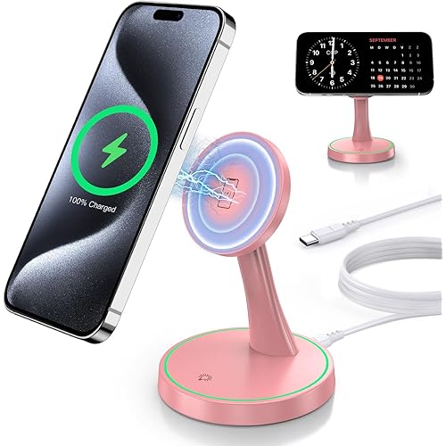 Magnetic Wireless Charger Stand 15W Fast Mag-Safe Charger for iPhone 17 /17 pro/ 17 Air/ 17 pro max 16/15/14/13/12 Series Magnet Wireless Charging Station/Pad with Sleep-Friendly Light for AirPods