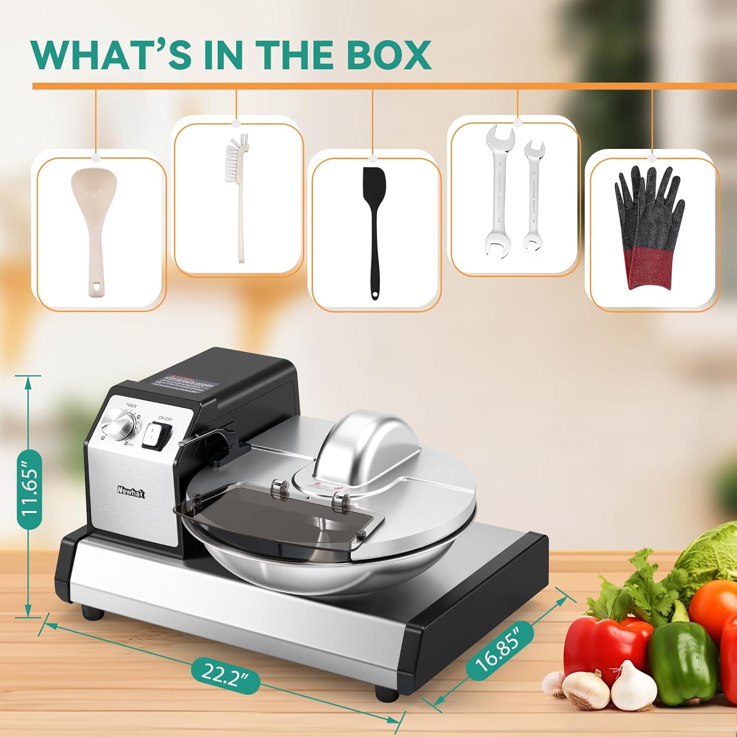 Newhai Commercial Food Processor, 5QT Vegetable Chopper Meat Grinder Mincer, Heavy Duty Electric Veggie Mincer, Stainless Steel Removable Bowl 1-15 Timer 250W 110volt Home&Restaurant