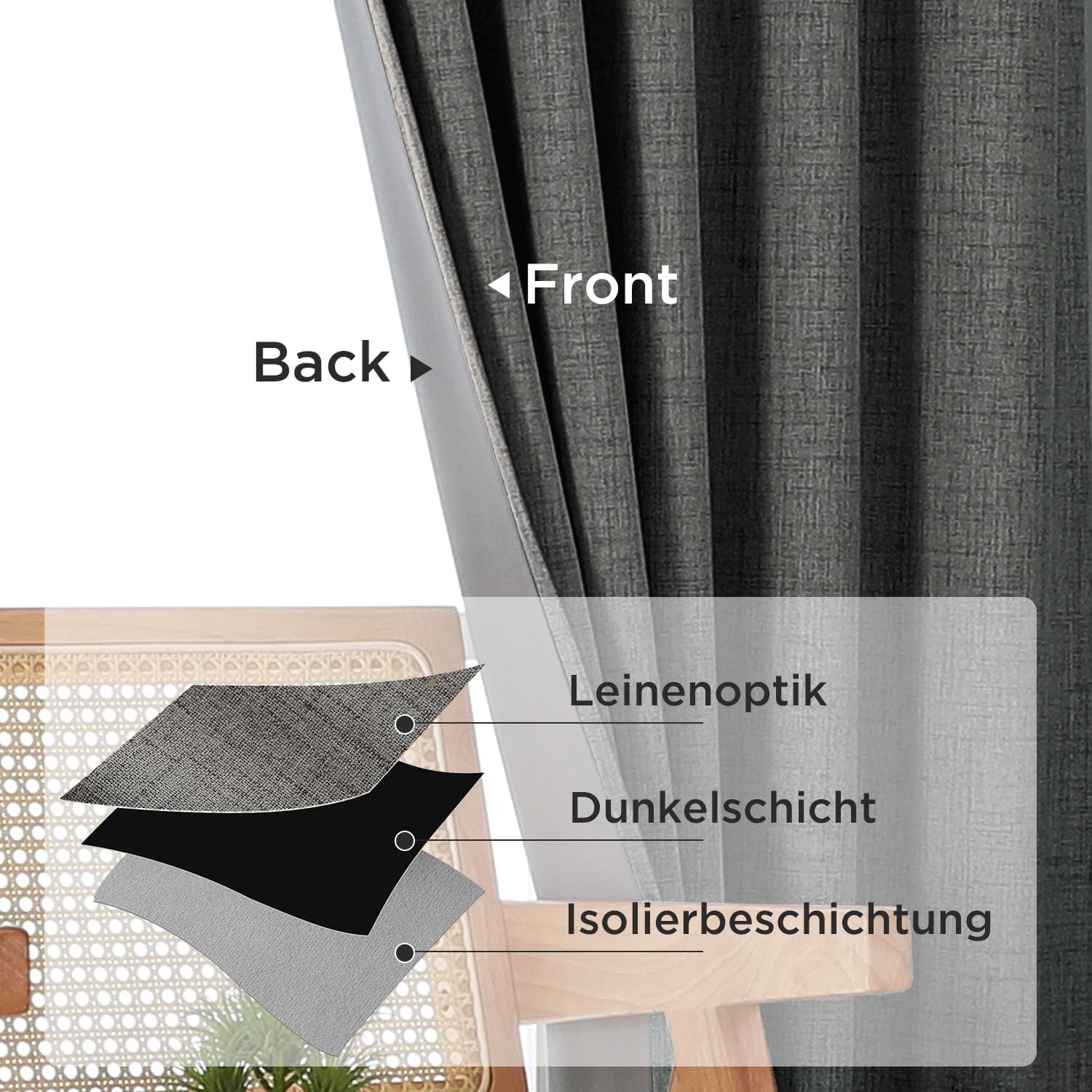 Joydeco 100% Verdunkelungsvorhänge Leinen Gardinen mit Kräuselband 2er Set H229xB132cm Grau – Bild 3
