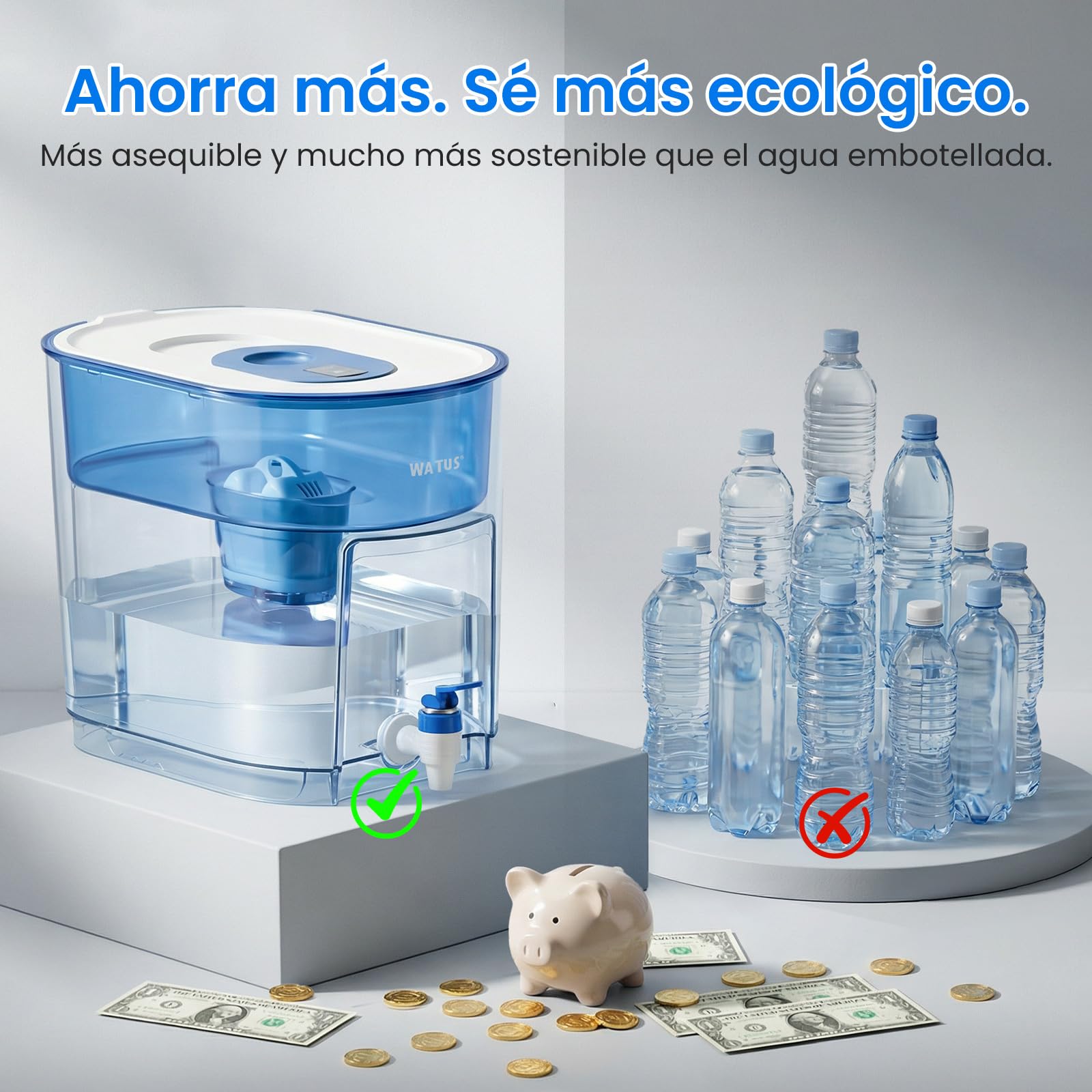 Dispensador de filtro de agua de 9 L, XXL dispensador de agua con filtro para frigorífico y encimera, jarra filtrante con grifo, incluye 1 cartucho de filtro, filtra impurezas, indicador