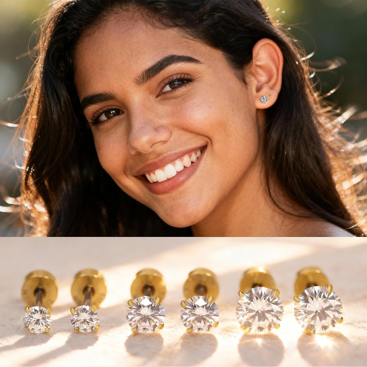 Limerencia Moissanite Stud Earrings, 3 Pairs Titanium Screw Back Earring, D Color VVS1 Clarity Lab-created Moissanite Earrings, Hypoallergenic G23 Pure Titanium for Women Men Sensitive Ears - Image 3