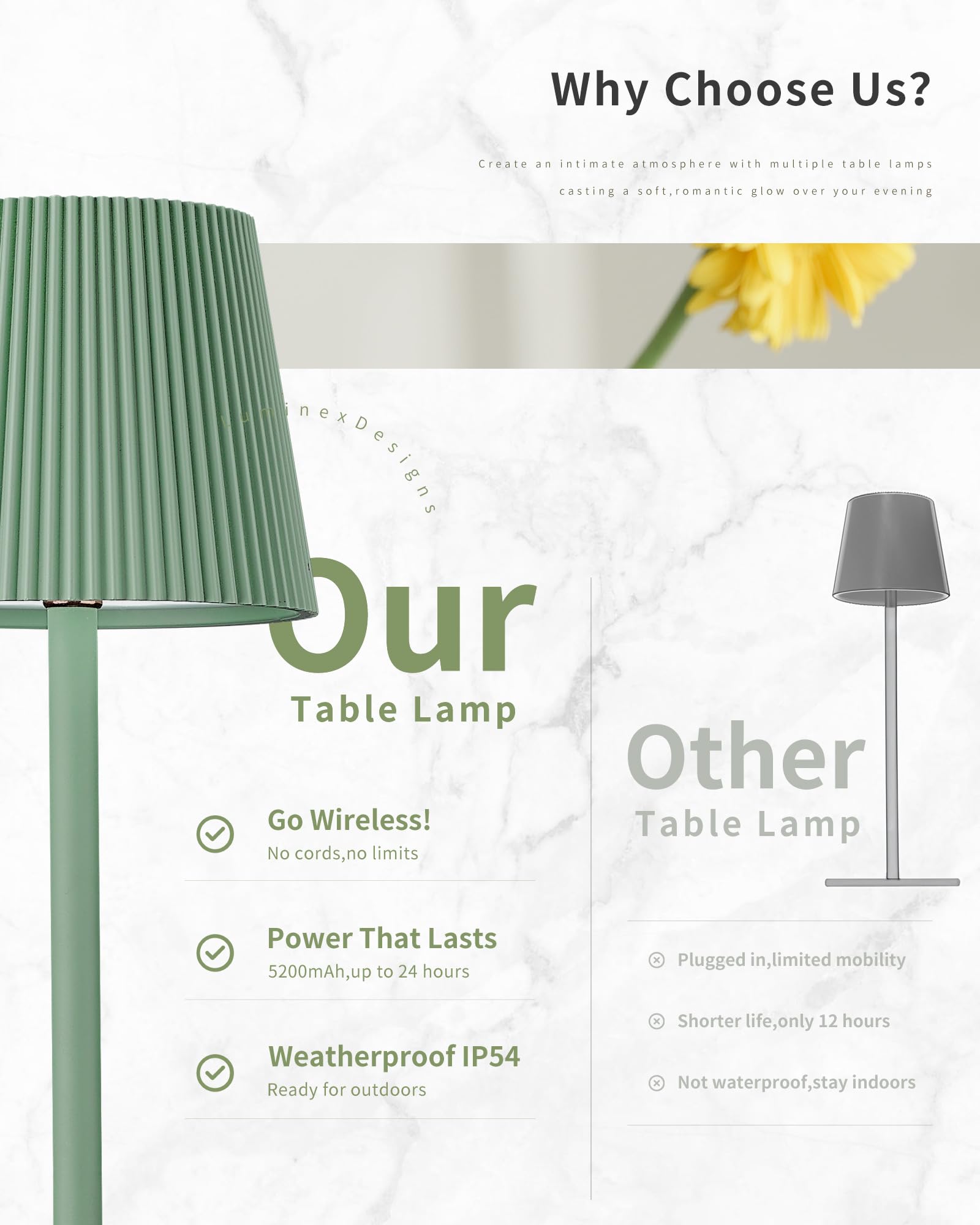 Lampada da tavolo senza fili 1 pezzi Verde VELA TL02 | IP54 | 5200mAh | 3000K-6000K | Touch dimmerabile | 8-10h durata | Giardino, Matrimonio, Terrazza, Cena, Campeggio