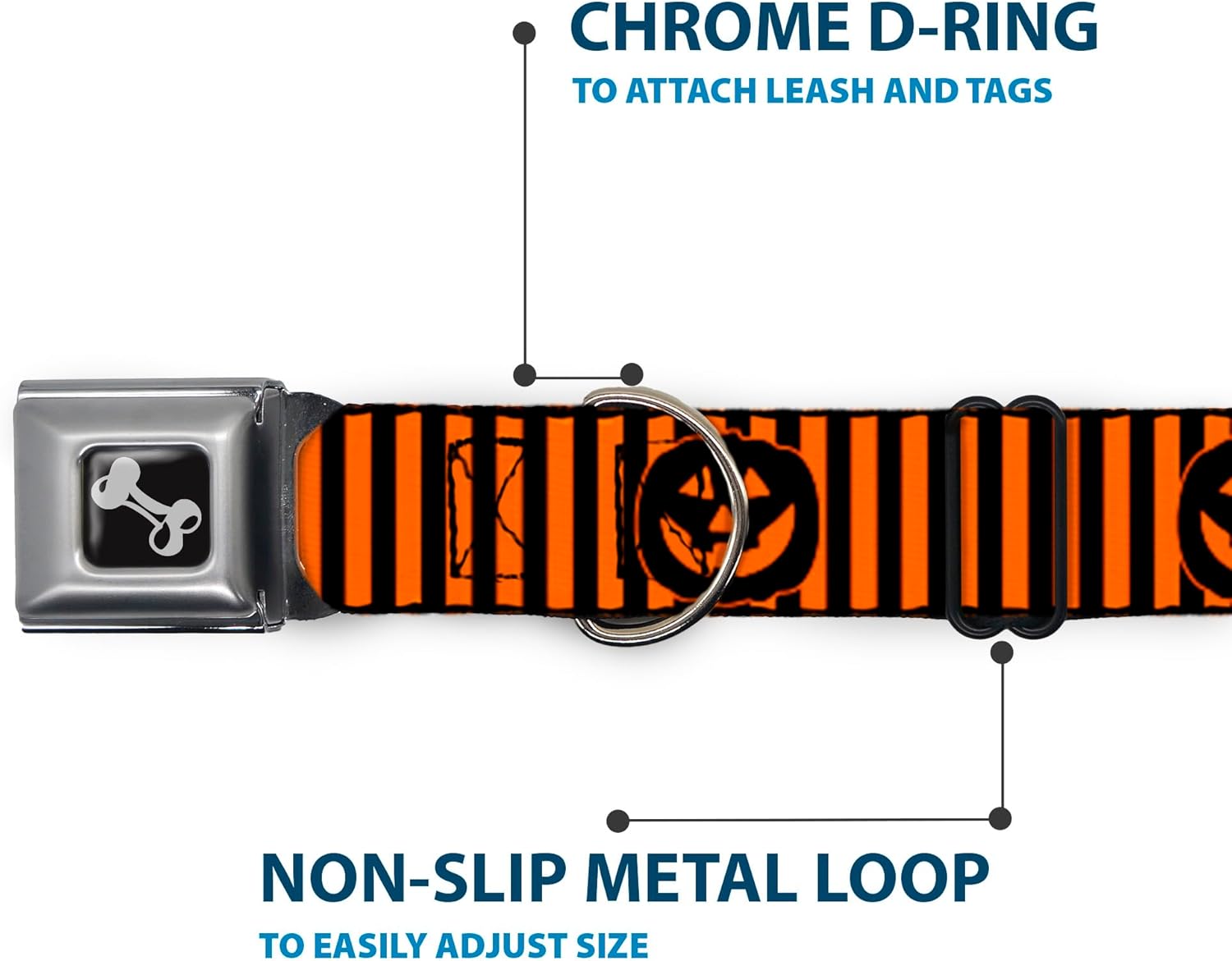 Dog Collar Seatbelt Buckle Jack O Lantern Pumpkin Stripe Orange Black 18 to 32 Inches 1.5 Inch Wide