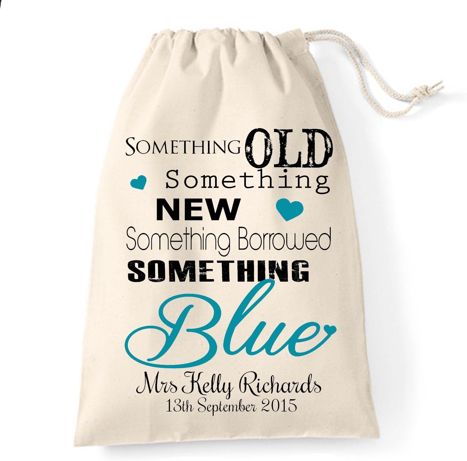 Small Personalised Drawstring Bag Something Old, New, Borrowed and Blue Bride Bag