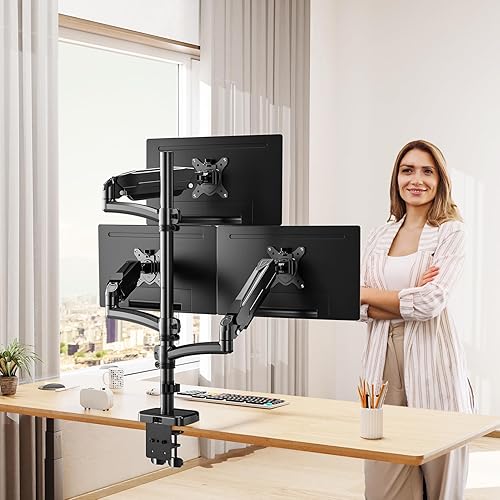 Miniatura 9 de MOUNT PRO Soporte de monitor triple para pantalla de computadora de 32 pulgadas, soporte de escritorio ajustable para 3 monitores, hasta 19.8 libras