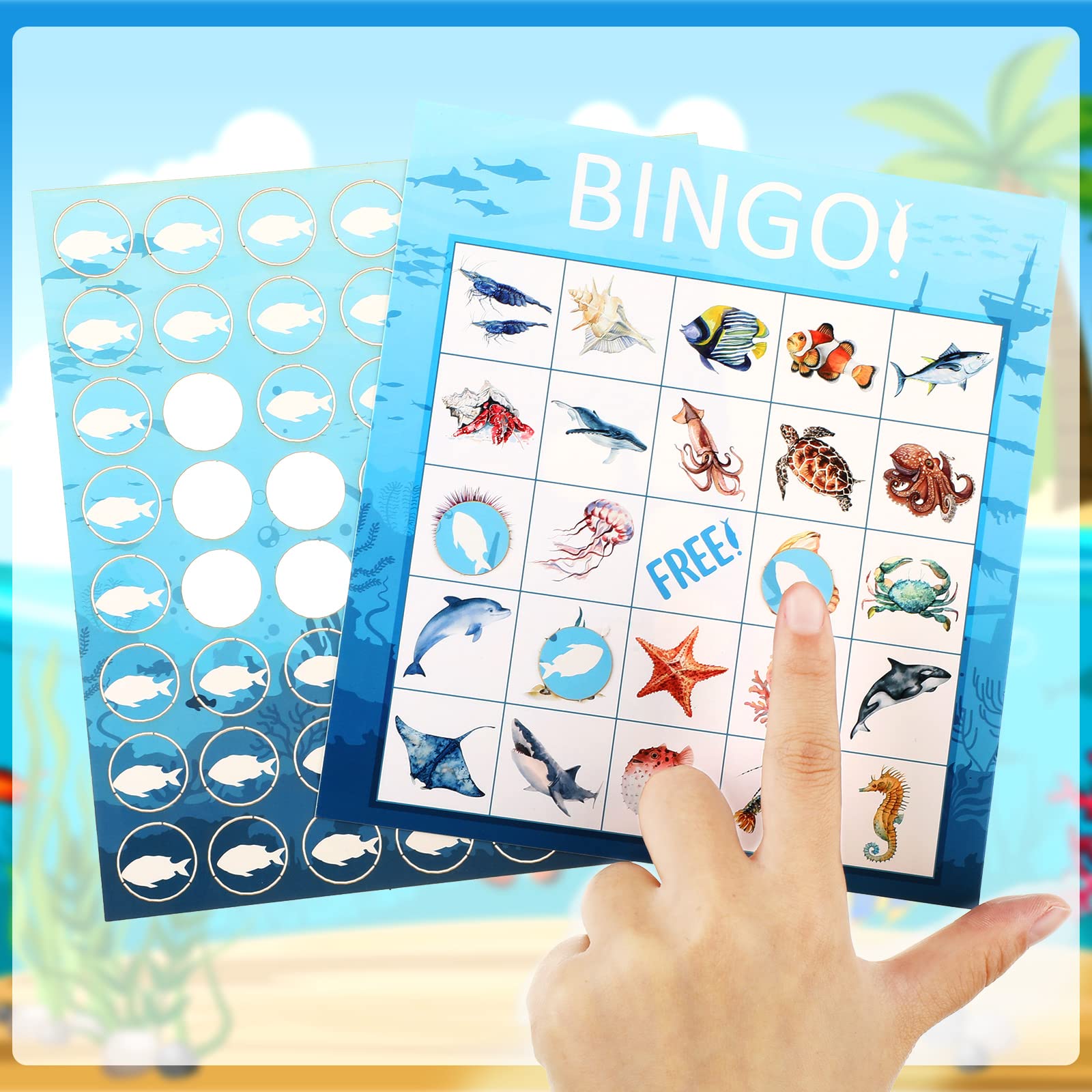 Juego de bingo oceánico para 28 jugadores para niños bajo el mar criatura jugando cartas divertidas educativas para grupos de memoria para la escuela, aula, actividades familiares, suministros 7